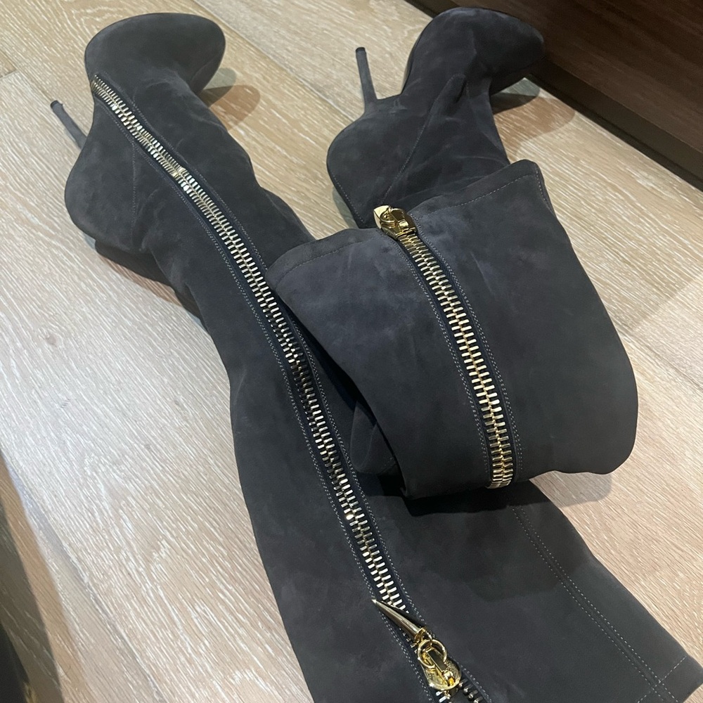 Dark gray Over the Knee Boots with Gold Zipper